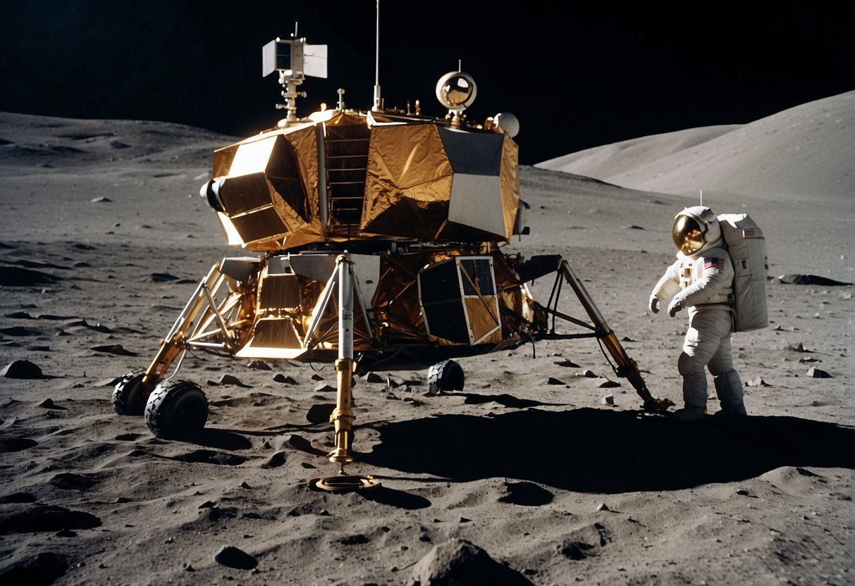 The Artemis Program: a lunar module lands on the moon, surrounded by an international team of astronauts and scientists conducting research and exploration