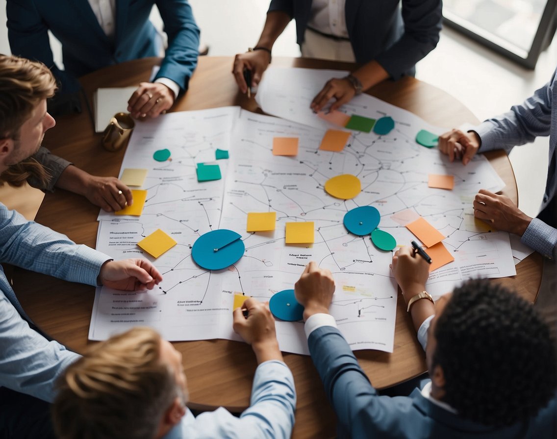 A group of people brainstorming solutions to address the shortage of IT skills, using charts and diagrams to map out strategies