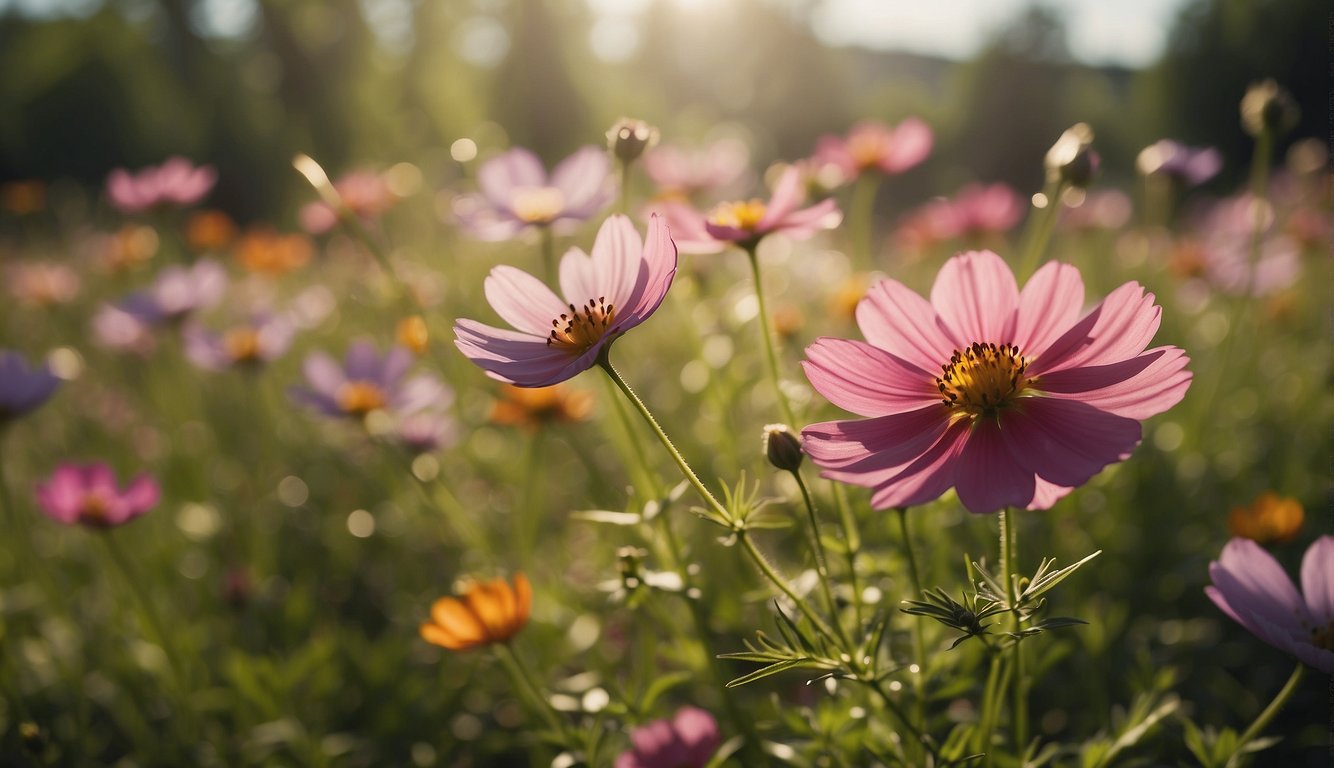 Vibrant cosmos flowers bloom in a well-tended garden, surrounded by lush greenery and bathed in warm sunlight.

A gardener carefully tends to the plants, following easy care tips