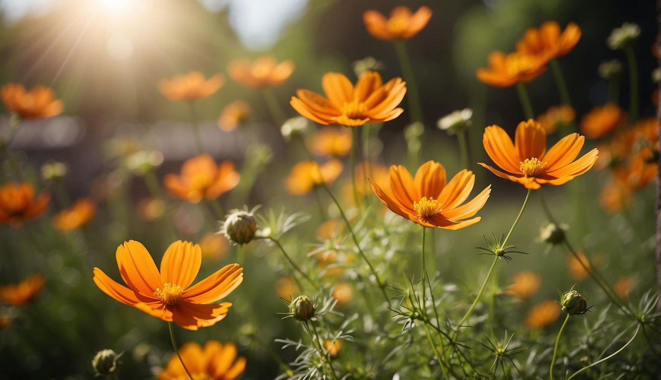 Vibrant orange Cosmos Sulphureus flowers bloom in a well-tended garden, surrounded by lush green foliage and bathed in warm sunlight