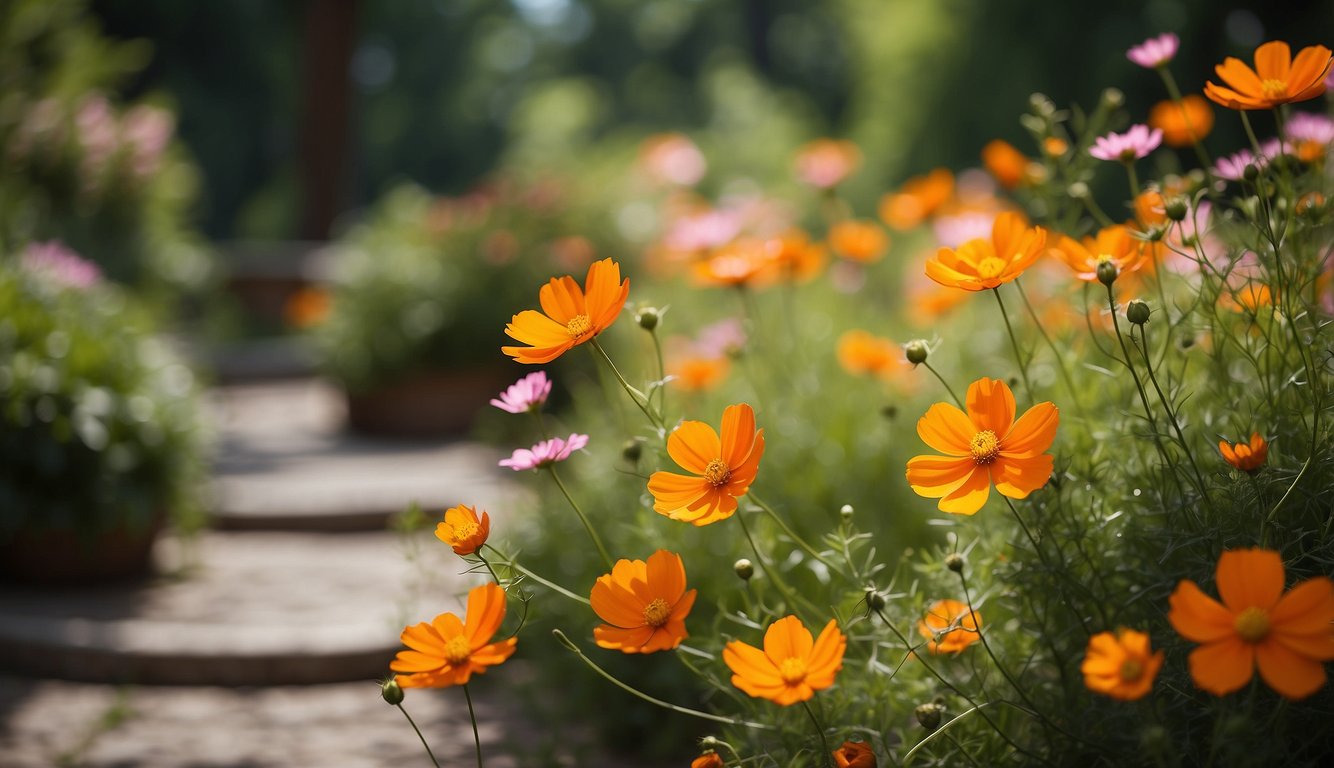 Vibrant orange cosmos flowers bloom in a well-maintained garden, surrounded by lush green foliage.

A winding path leads through the colorful display, with a cozy seating area nestled among the blooms