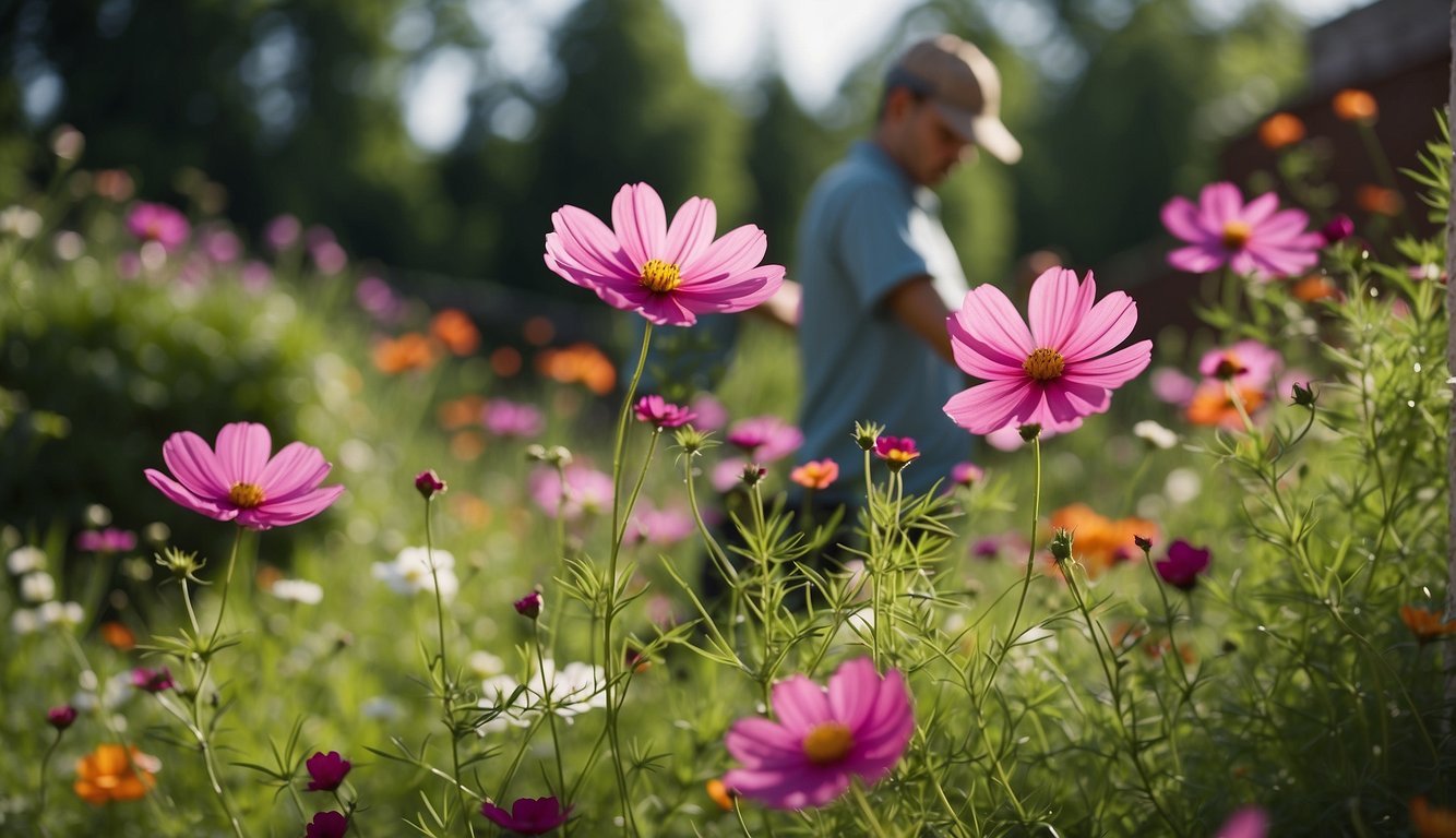 Vibrant cosmos flowers bloom in a well-maintained garden, surrounded by healthy green foliage.

A gardener inspects the plants for signs of pests or disease, demonstrating proactive pest management and troubleshooting techniques