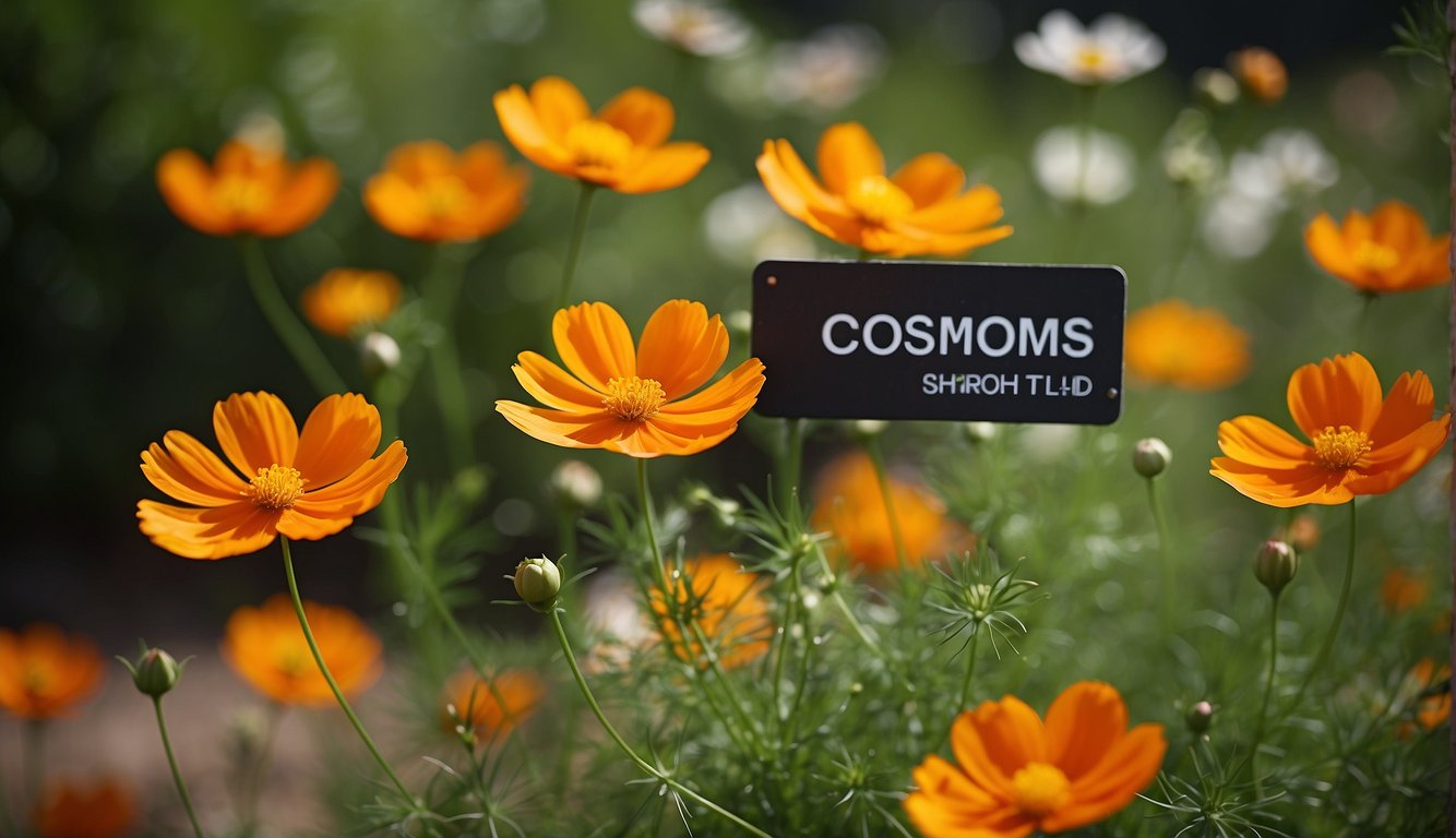 Vibrant orange cosmos flowers blooming in a well-tended garden, surrounded by lush green foliage.

A small sign reads 'Cosmos Sulphureus: Brightening Gardens with Easy Care Tips.'