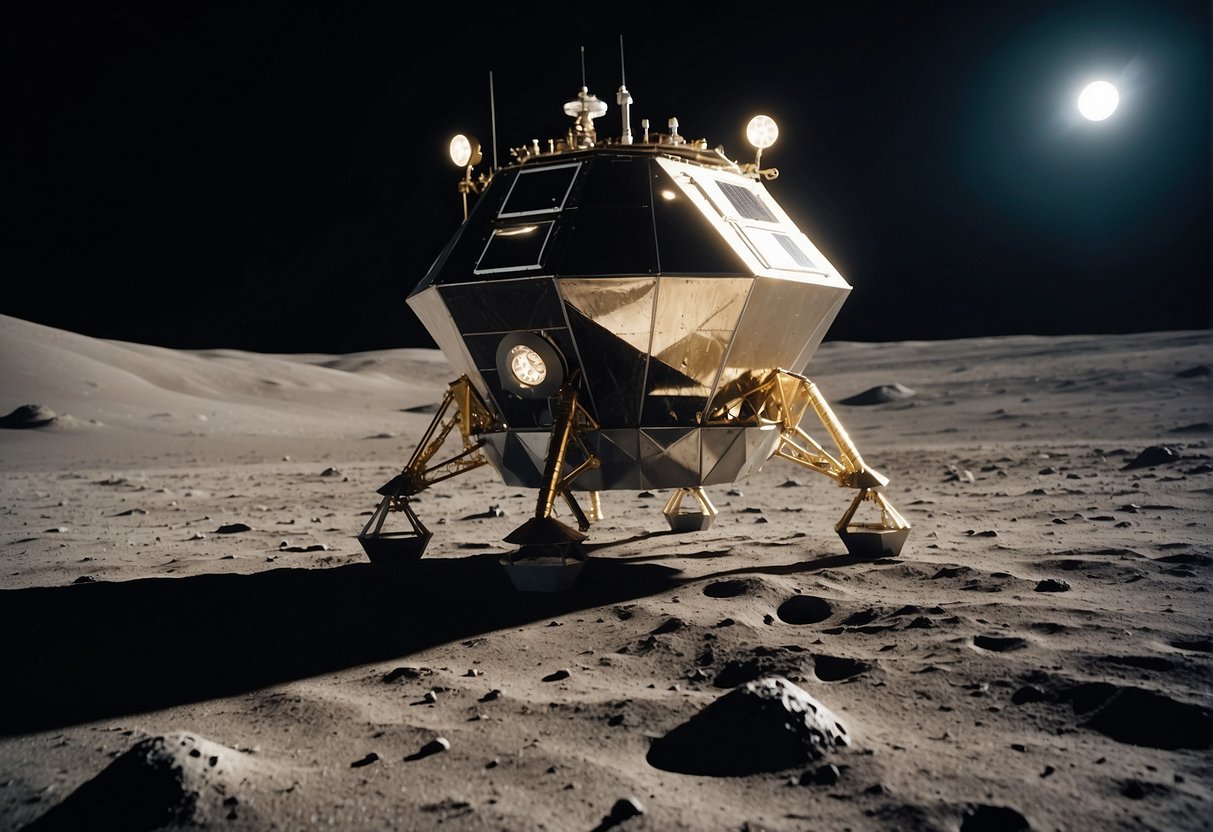 The scene depicts a lunar lander touching down on the surface of the moon, with Earth visible in the background. Various components and technologies, such as solar panels and communication devices, are prominently featured on the lander