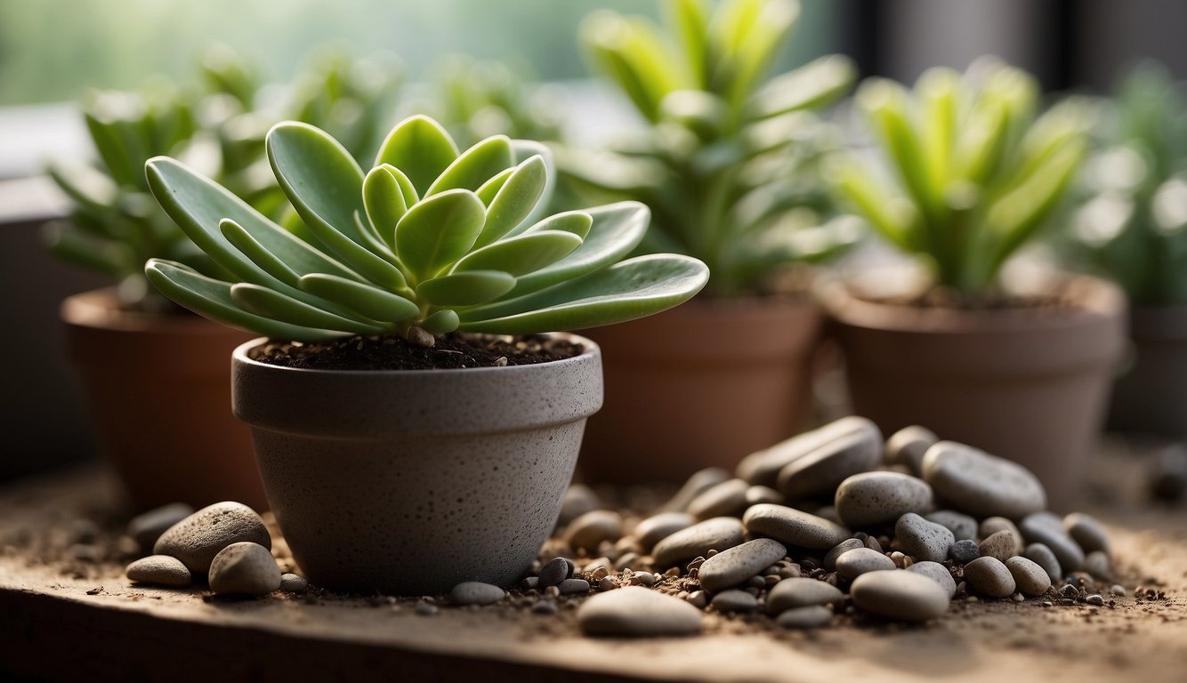 A healthy Crassula Ovata plant sits in a sunlit room, surrounded by well-draining soil and a few small rocks.

Its thick, fleshy leaves glisten with a jade green color, and it is thriving in its pot