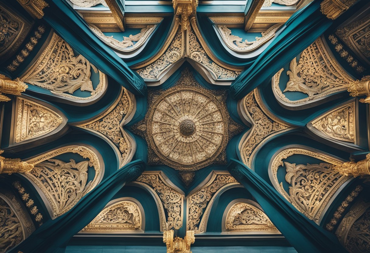 A grand, ornate roof with intricate patterns and bold colors, blending beauty and functionality in architectural design