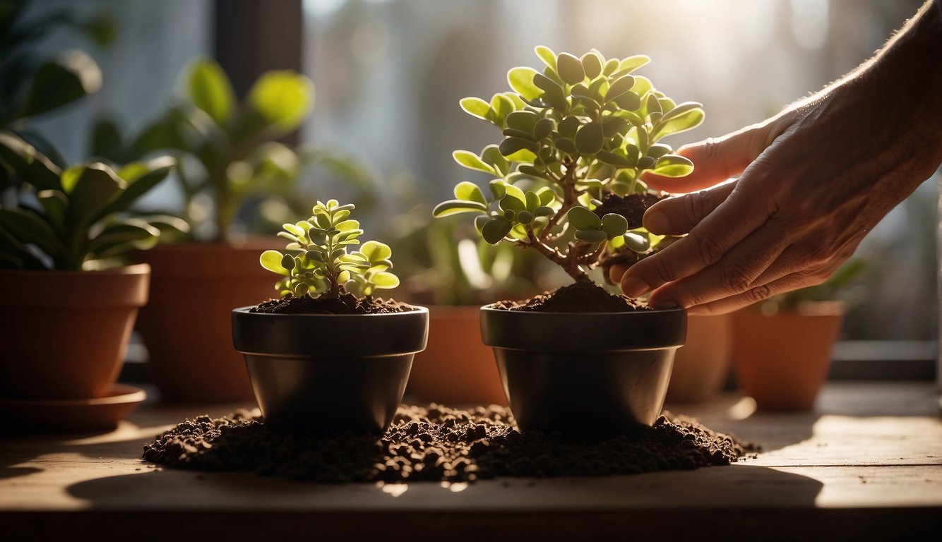 Hands gently placing jade plant into fresh soil, tamping down to secure.

Bright light streams through window, casting shadows on the pot