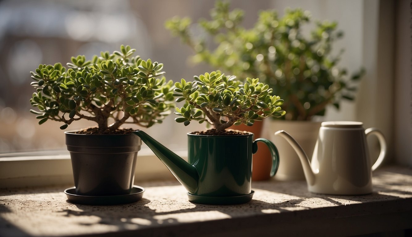 A jade plant sits on a sunny windowsill, surrounded by small pebbles and well-draining soil.

A watering can and pruning shears are nearby, ready for care and maintenance
