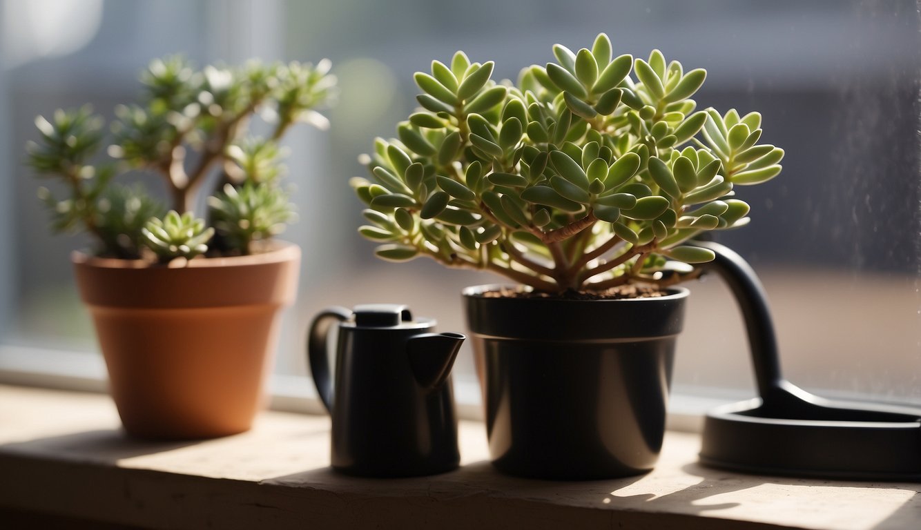 The Jade Plant sits on a sunny windowsill, surrounded by well-draining soil and a small watering can nearby.

A guidebook on succulent care lies open next to it