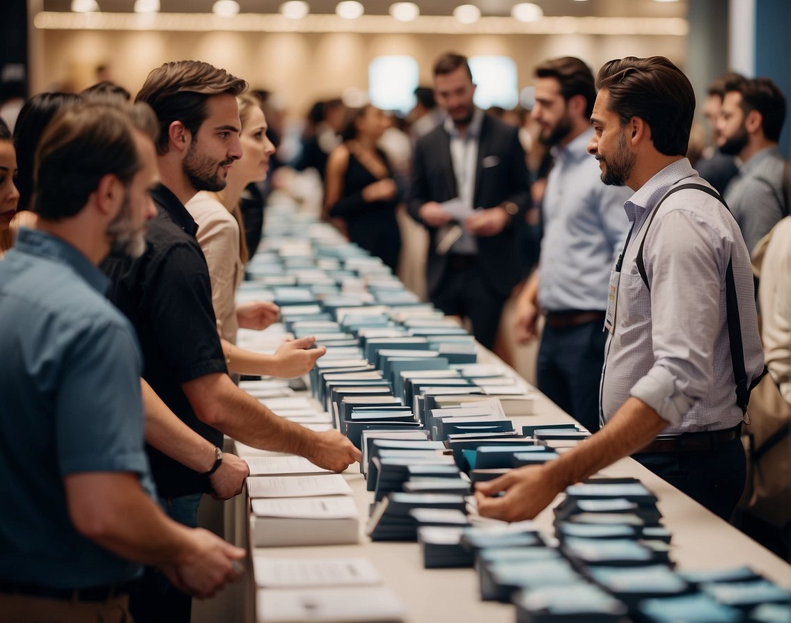 A bustling IT job fair with tech professionals networking and exchanging business cards