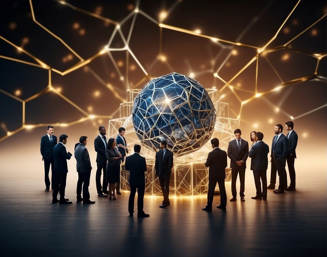 A company logo being built with a network of IT professionals connecting to it, symbolizing the development of a strong employer brand and database of IT talent