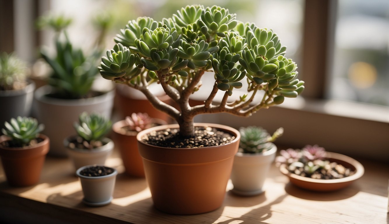 A jade plant sits on a sunny windowsill, surrounded by small pots of succulents.

A watering can and a bag of potting soil are nearby