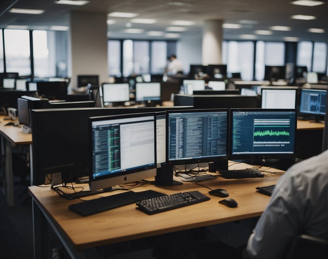 A bustling office with computers and tech equipment. Recruiters networking and collecting resumes from IT professionals. Database being built