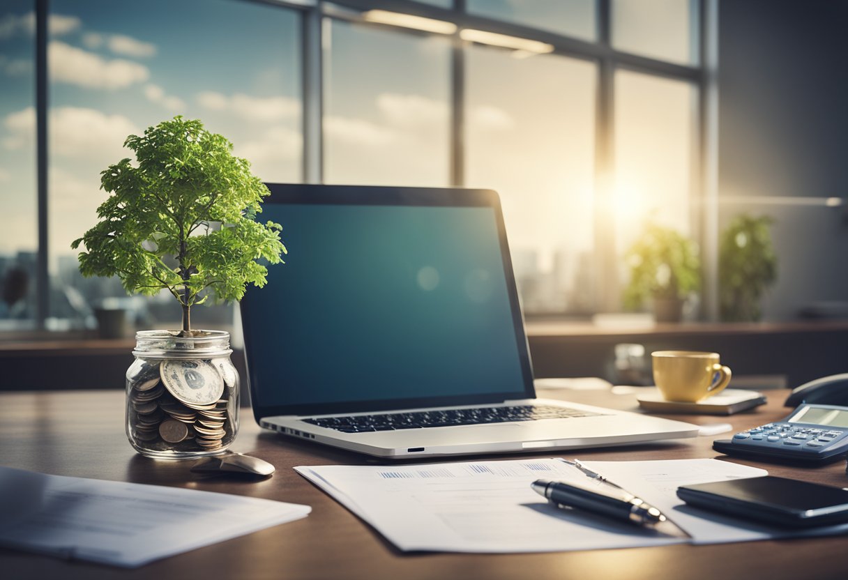 A desk with a laptop, calculator, and financial documents. A piggy bank and money tree symbolize financial growth. A clear path leads to a bright light representing financial freedom