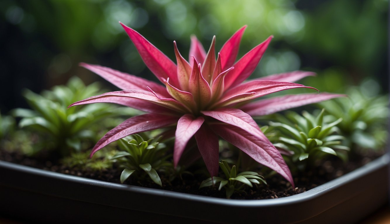 A vibrant Cryptanthus Bivittatus plant sits in a terrarium, surrounded by lush green foliage.

Its star-shaped leaves are tinged with shades of red, pink, and purple, creating a striking and colorful display