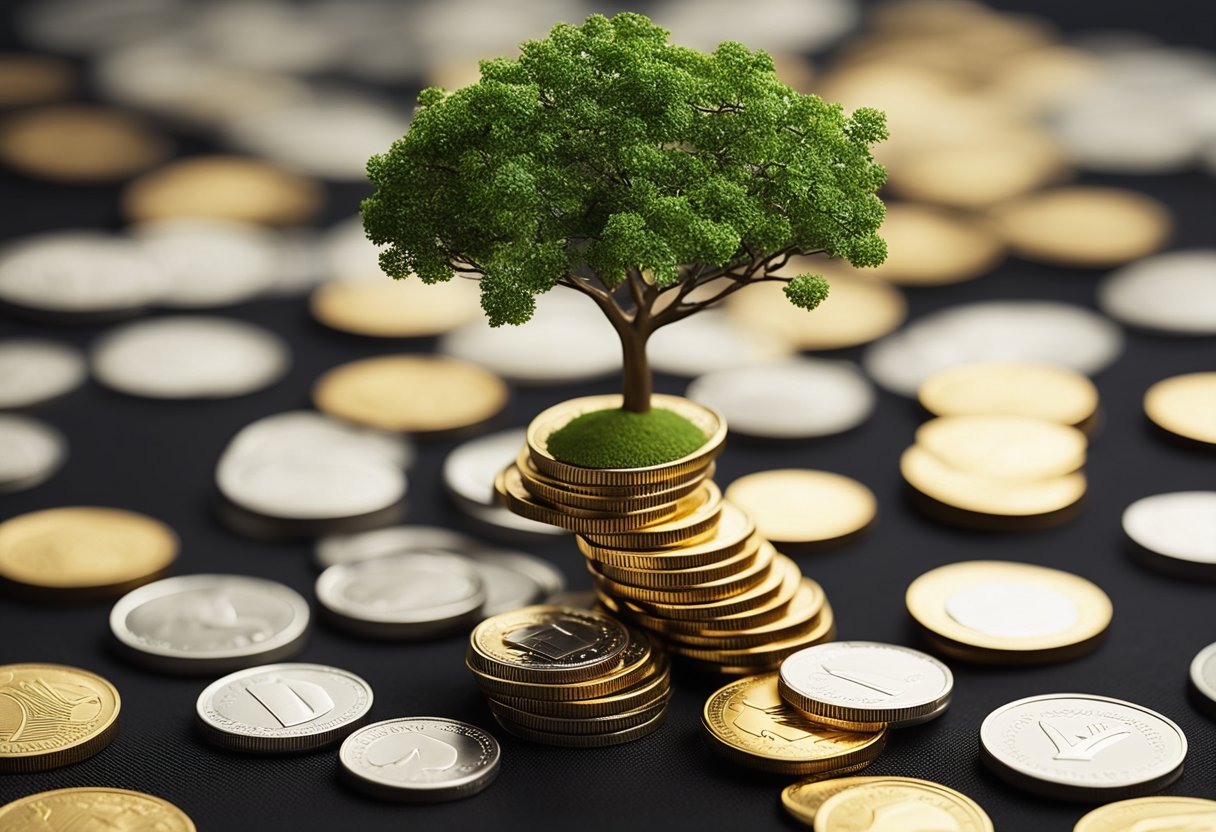 A stack of coins and a growing money tree symbolize financial growth and freedom. A road map with seven clear steps leads to success