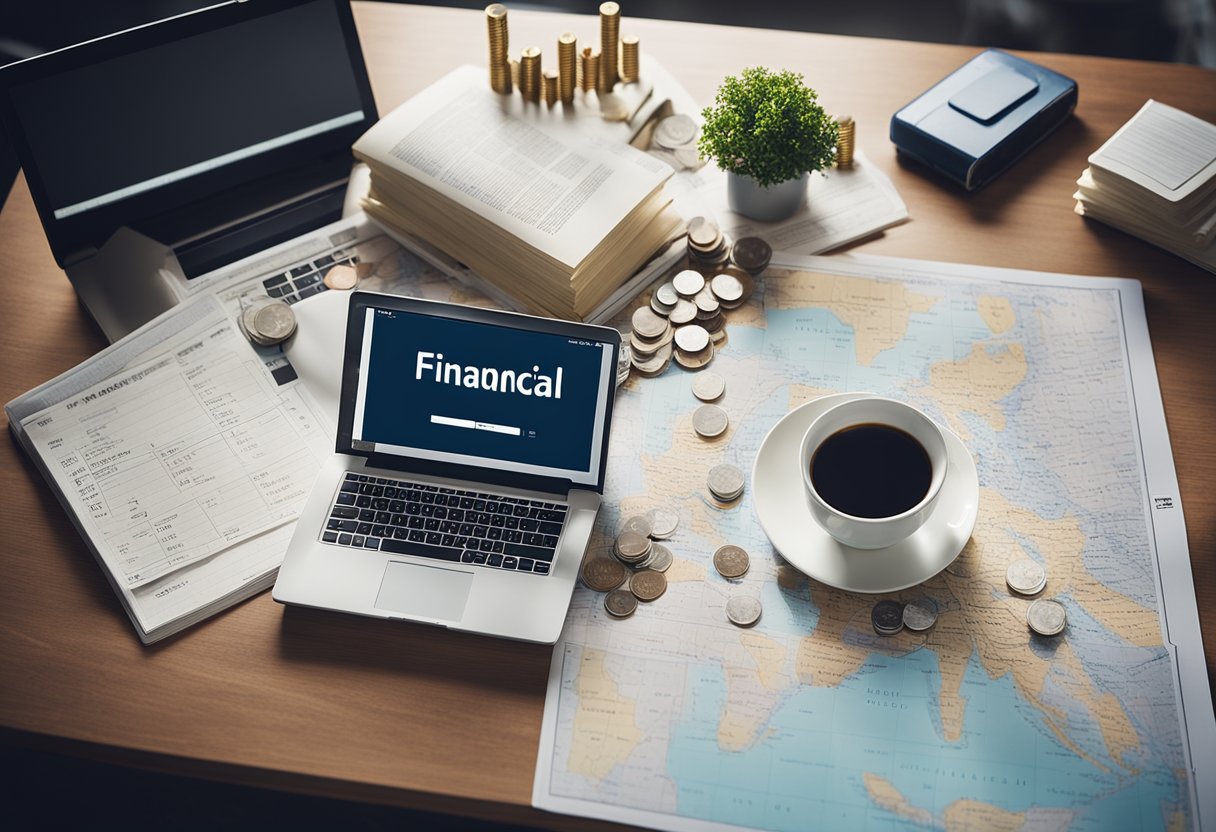 A table with a laptop, books, and a notepad. A chart showing different income sources. A piggy bank and a stack of coins. A road map with the words "financial freedom" highlighted
