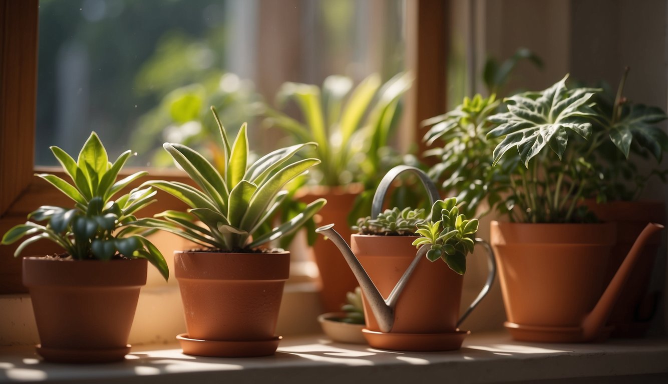 An Earth Star plant sits in a terracotta pot on a window sill, surrounded by other vibrant houseplants.

Sunlight streams in, casting a warm glow on the leaves, while a small watering can sits nearby, ready to tend to the plant