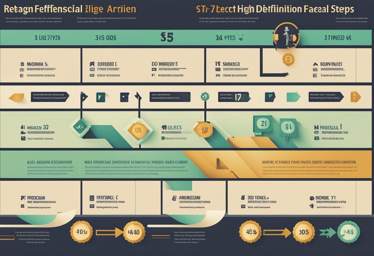 A series of 7 steps depicted in a linear fashion, each step representing a different aspect of financial education. Visual elements such as arrows, dollar signs, and growth charts can be included to convey the concept of reaching financial freedom