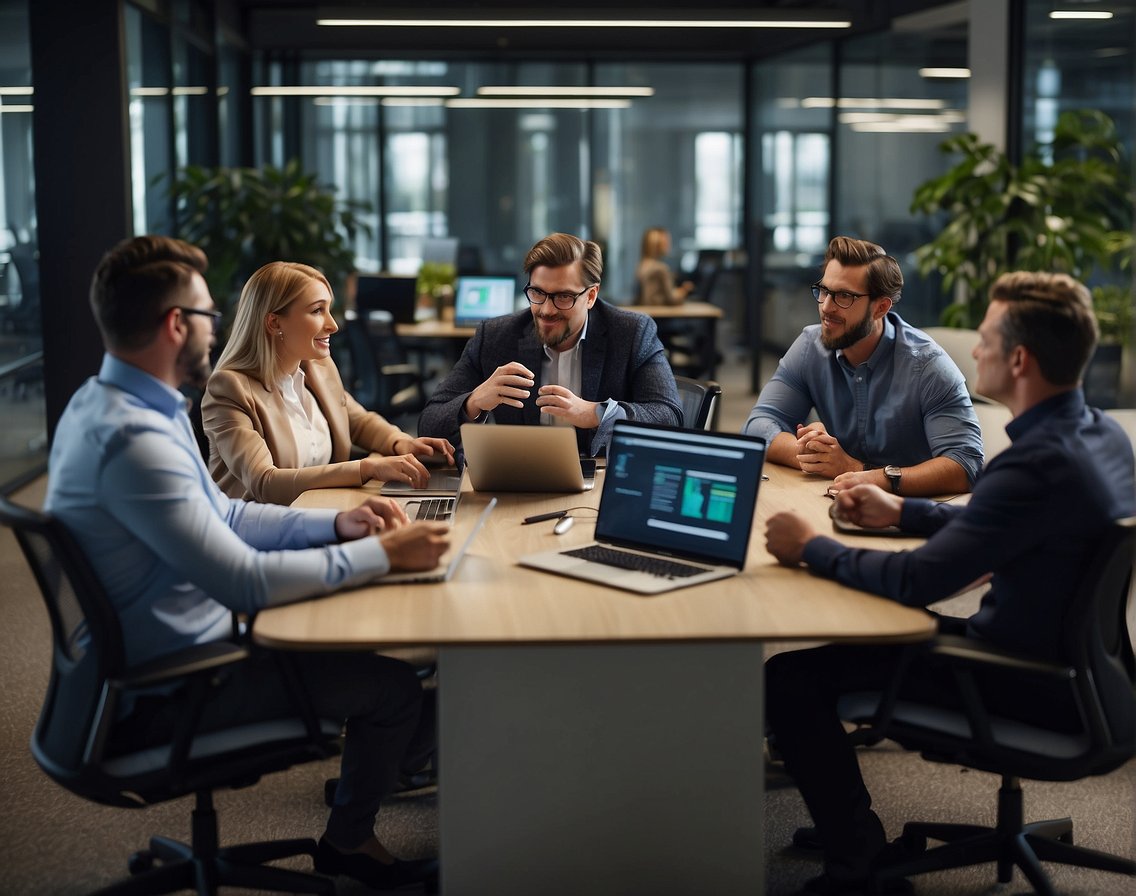A group of IT professionals collaborating in a modern office space, brainstorming and sharing ideas to retain talent in the industry