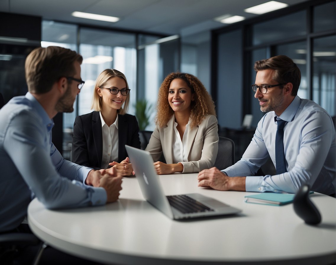 A group of IT professionals discussing retention strategies in a modern office setting with computers and whiteboards