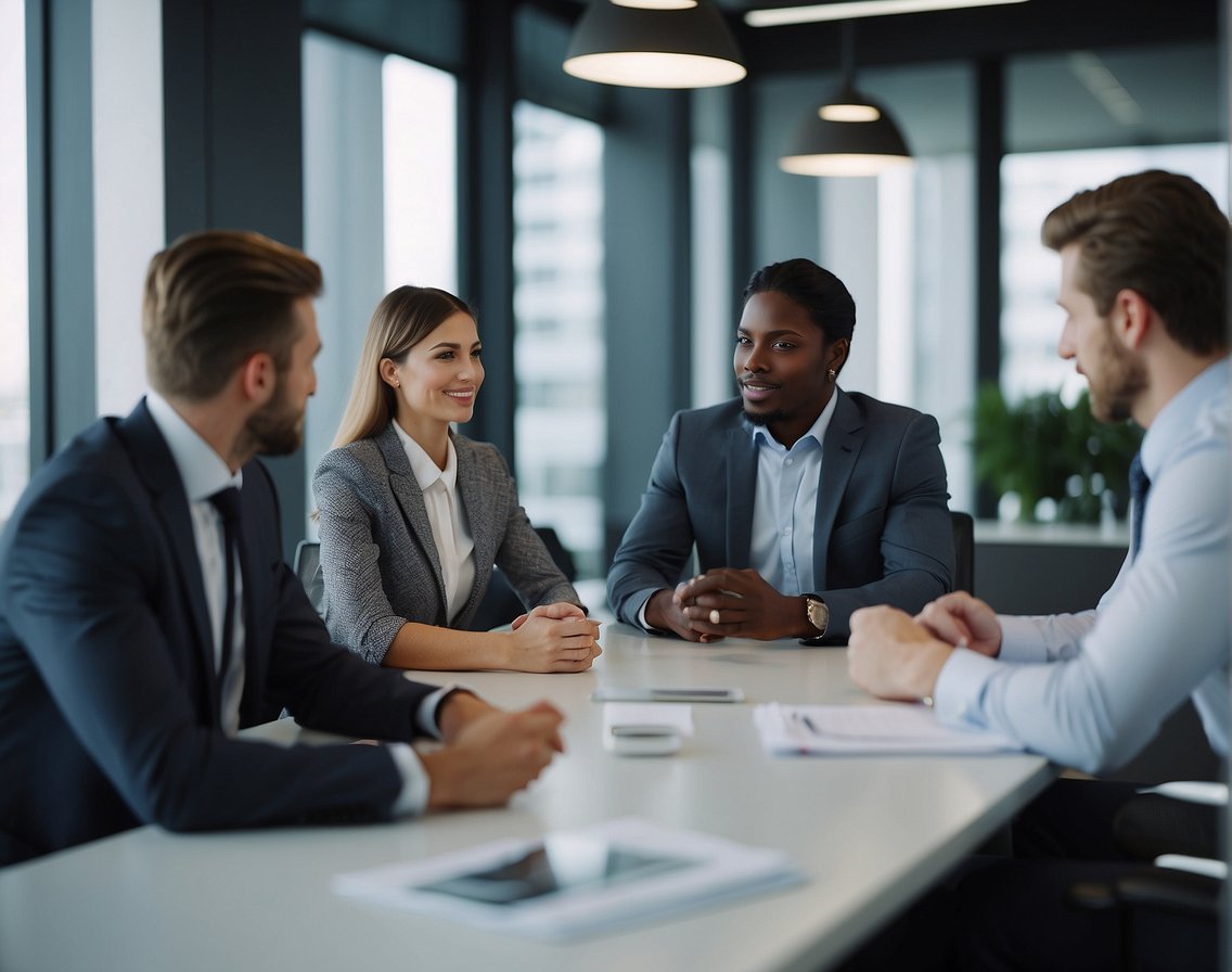 A group of professionals discussing competitive pay and benefits strategies in a modern office setting