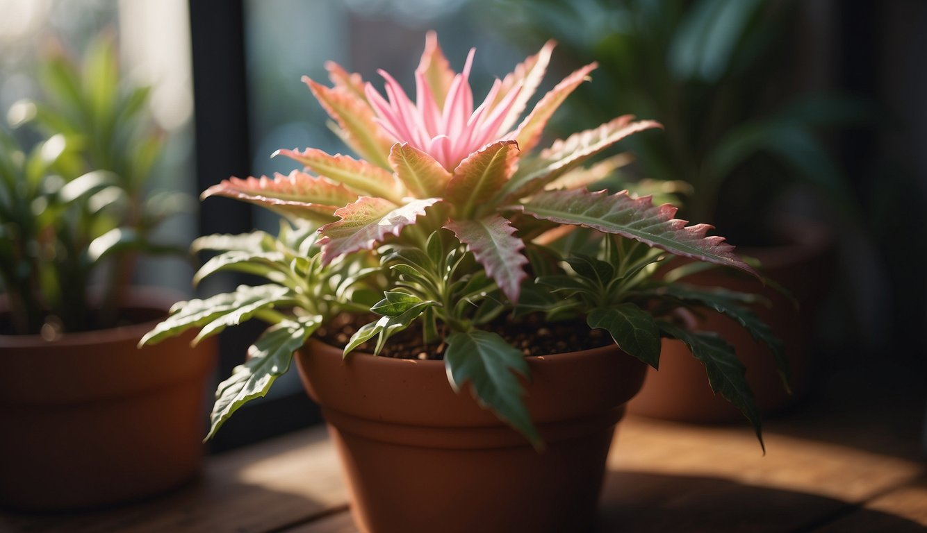 A vibrant Cryptanthus Bivittatus plant sits in a terracotta pot, its striking green and pink leaves forming a star-shaped rosette.

Sunlight filters through a nearby window, casting a warm glow on the unique foliage
