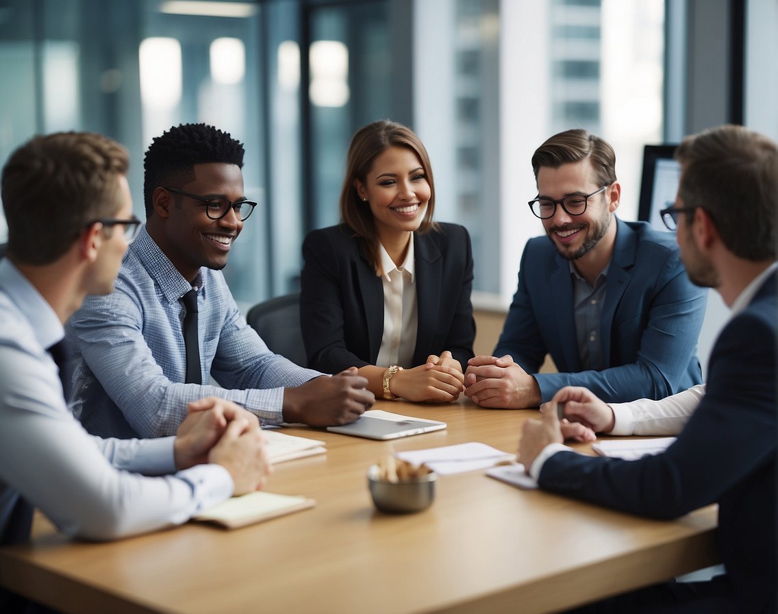 A group of professionals discussing career development and training strategies in a modern office setting