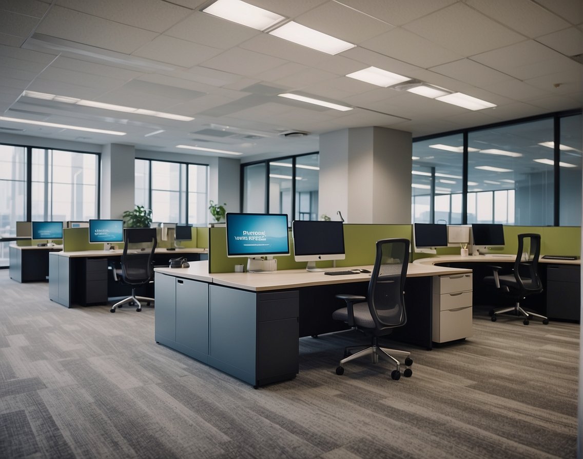 A modern office with collaborative workspaces, tech amenities, and a focus on employee well-being