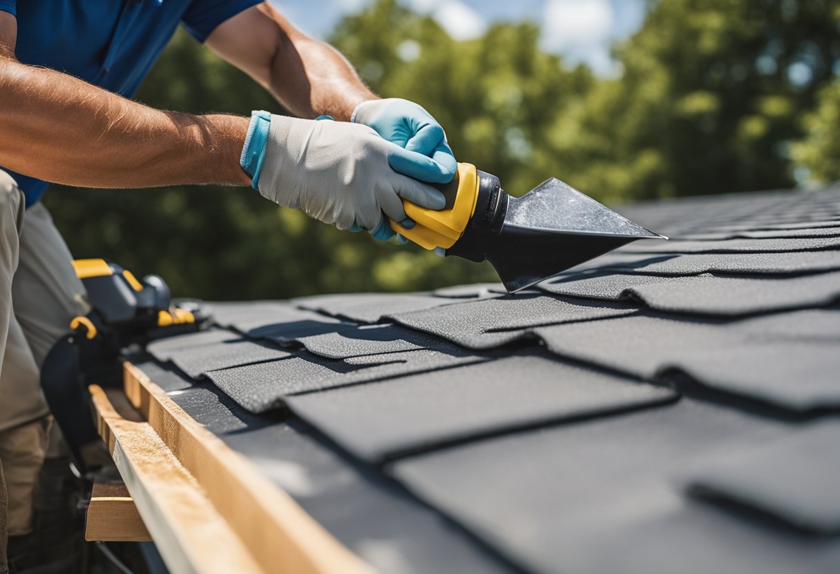 A roofer applies protective sealant to a clean, well-maintained roof to ensure longevity and durability. The sun shines down on the newly treated surface, highlighting its strength and resilience