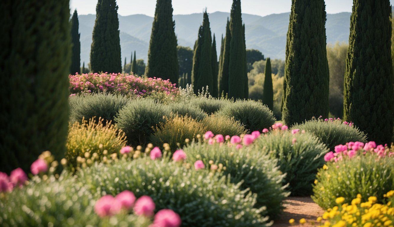 A sunny Mediterranean garden with rows of tall Italian Cypress trees, surrounded by vibrant greenery and colorful flowers