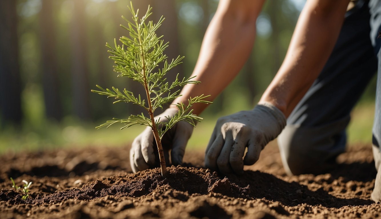 An individual digs a hole in the ground, carefully placing the Italian Cypress sapling inside and patting the soil around it.

The sun shines down as the tree begins its journey to grow tall and strong