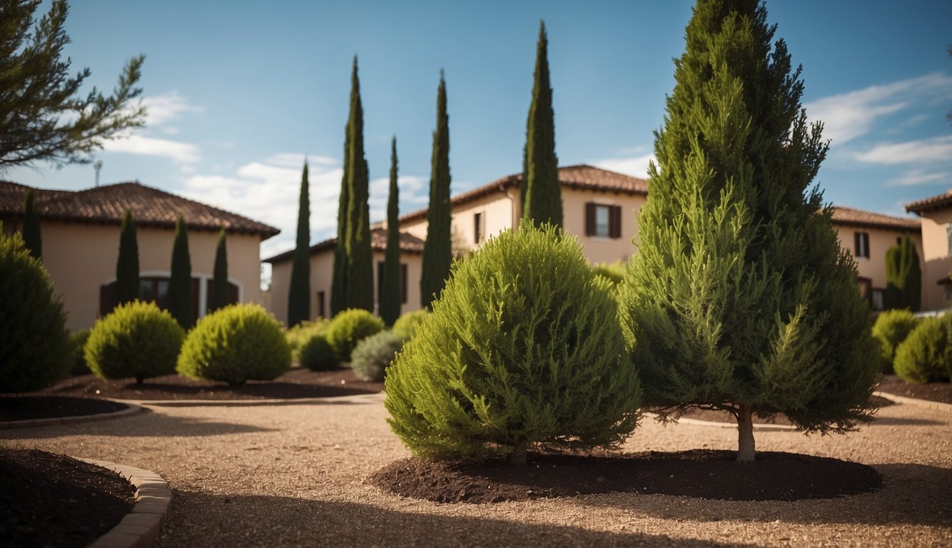 A healthy Italian Cypress tree stands tall in a well-drained, sunny location.

It is surrounded by mulch and receives regular watering. The tree is pruned to maintain its iconic narrow, columnar shape