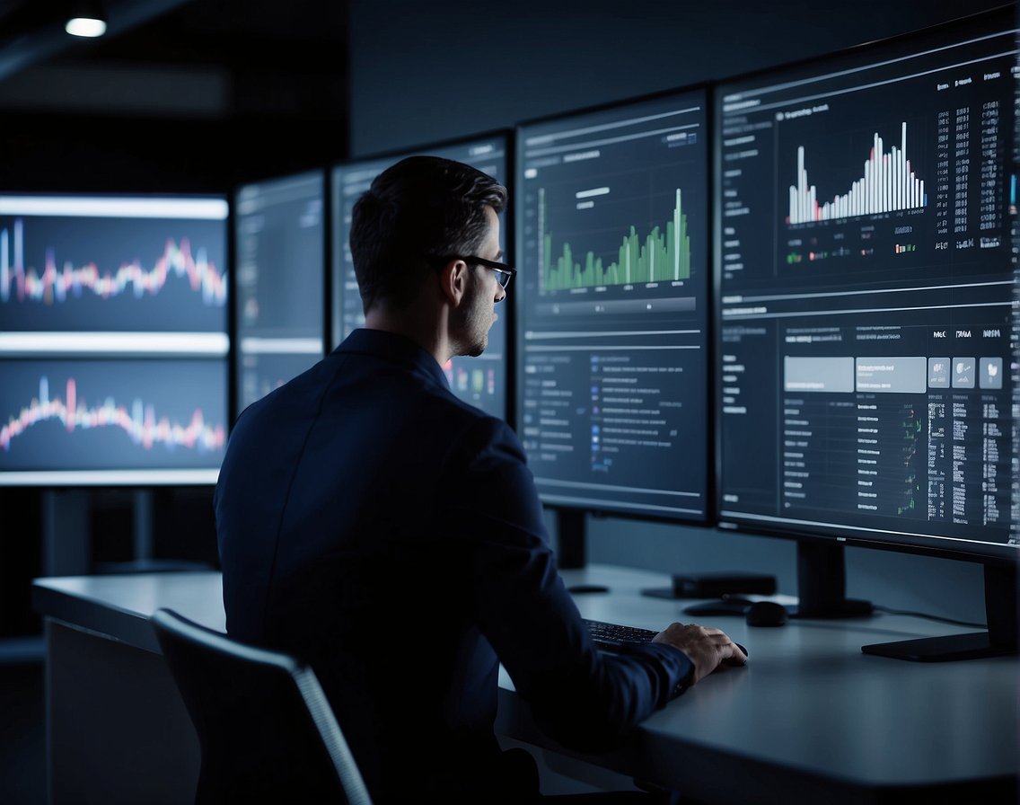A person using data analysis tools to improve IT recruitment process. Screens showing candidate profiles, skill assessments, and performance metrics