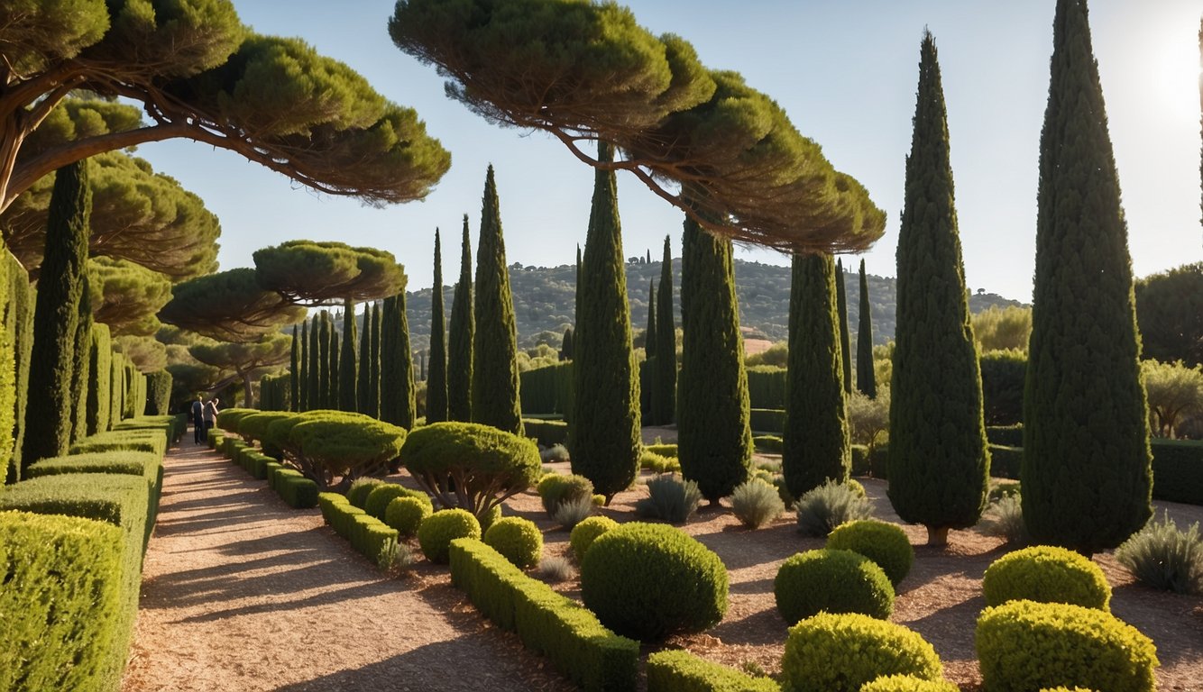 A sunny Mediterranean garden with rows of Italian Cypress trees.

A gardener carefully prunes and waters the trees, ensuring they receive proper care