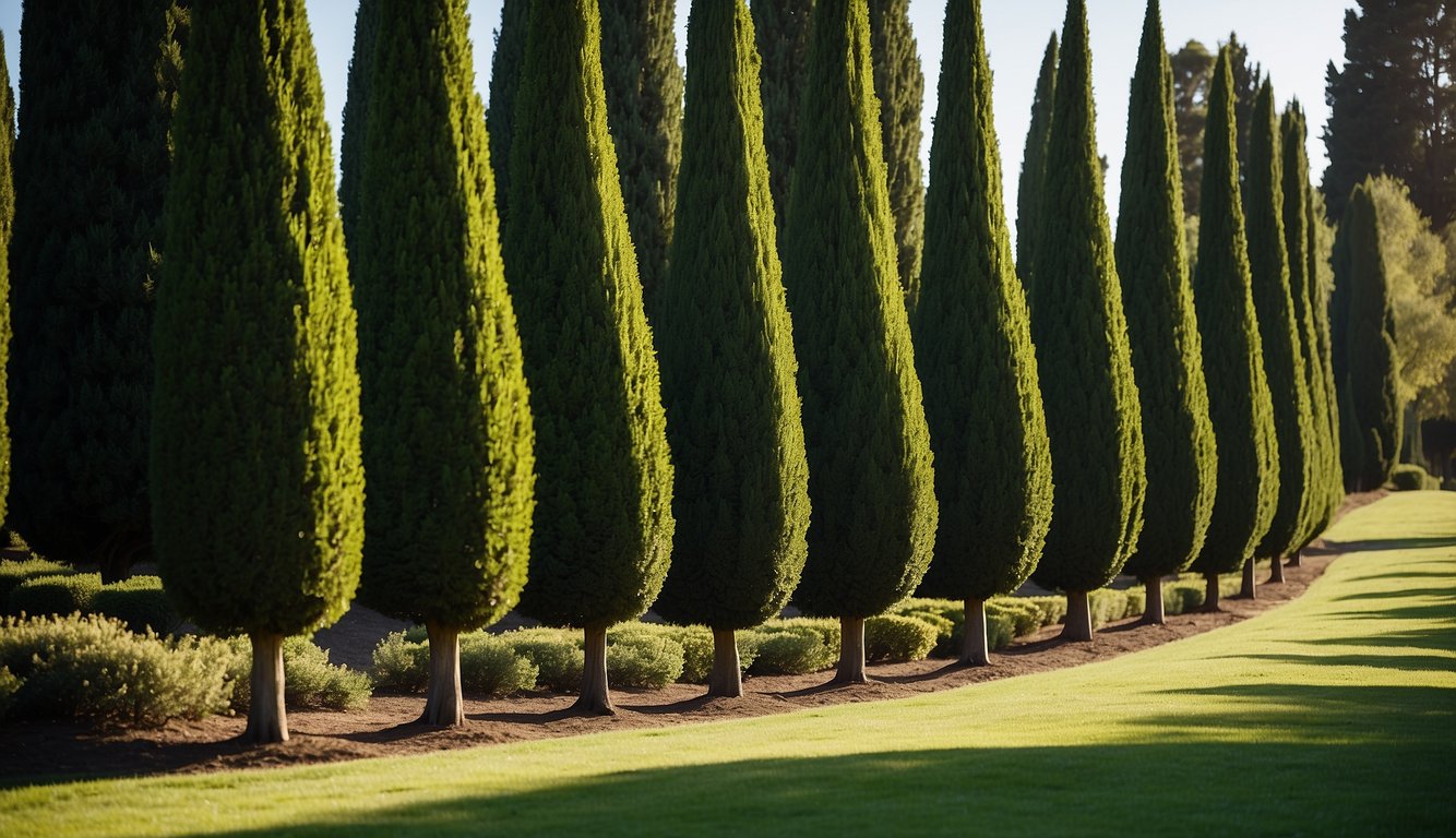A row of Italian cypress trees stands tall and slender, with dark green foliage and a conical shape.

The trees are planted in a sunny, well-drained area, surrounded by low-maintenance landscaping