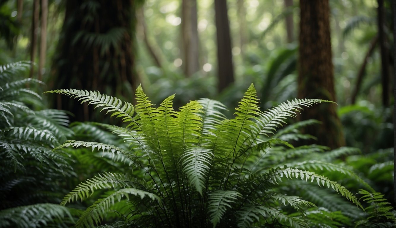 A lush, tropical forest with a towering Cyathea Cooperi tree fern at the center, surrounded by smaller ferns and vibrant green foliage