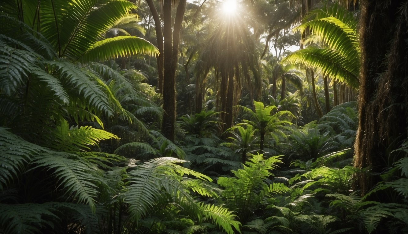 A lush, tropical setting with dappled sunlight filtering through the canopy onto a thriving Cyathea Cooperi tree fern.

Surrounding plants display the lush, humid environment of its native Australia
