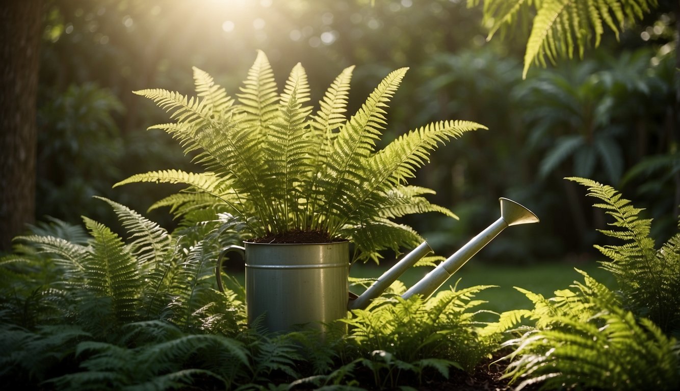 A lush garden with a tall, graceful Cyathea Cooperi tree fern.

A watering can and pruning shears nearby. Sunlight filters through the leaves