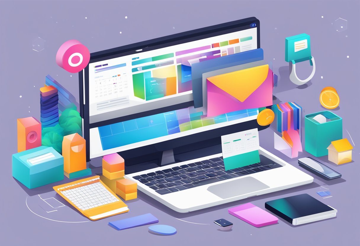 A computer with a vibrant website on the screen, surrounded by various products, packaging materials, and a calendar with a date circled