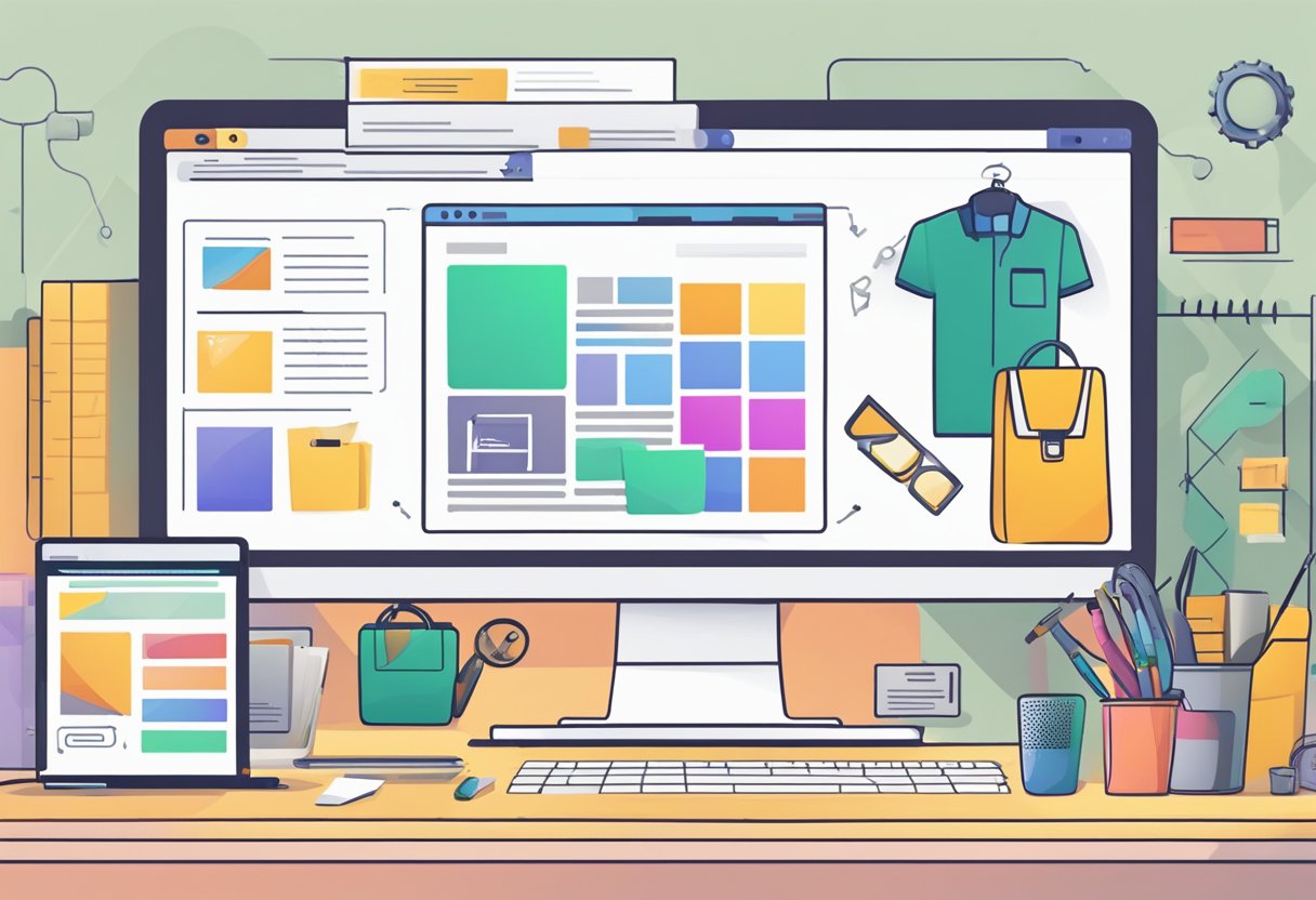 A computer screen displays a successful online store setup process with a website being created. Multiple tabs open with various tools and resources