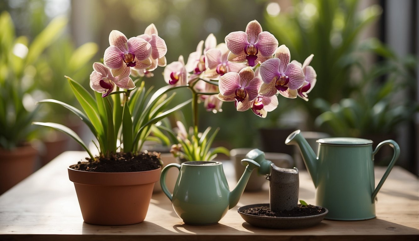 A table with a potted Cymbidium Aloifolium orchid, surrounded by a watering can, fertilizer, and pruning shears.

A care guide book lies open nearby