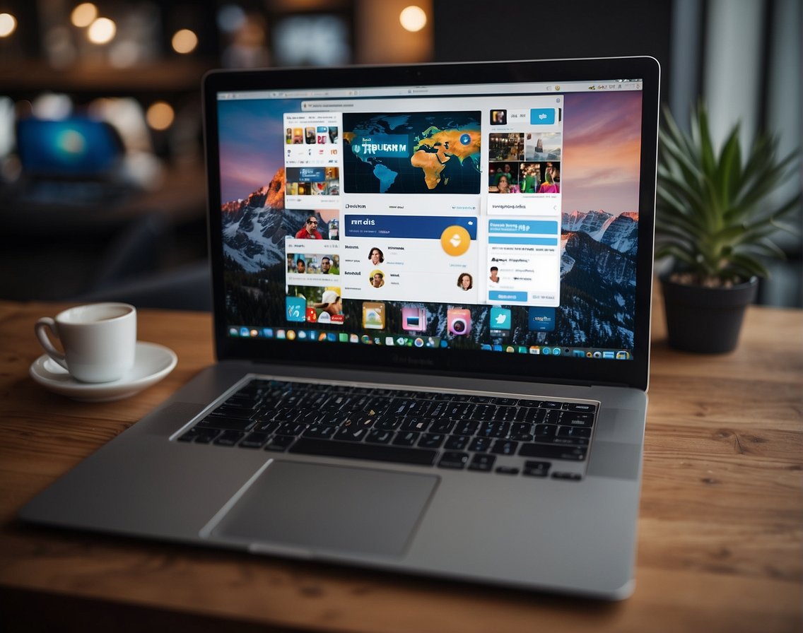 A laptop surrounded by social media icons, with a "Now Hiring" banner and IT-related posts