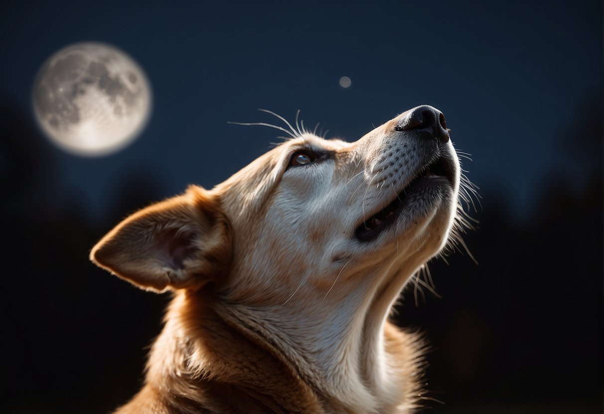 A dog howls at the moon, head lifted, eyes closed, and tail raised