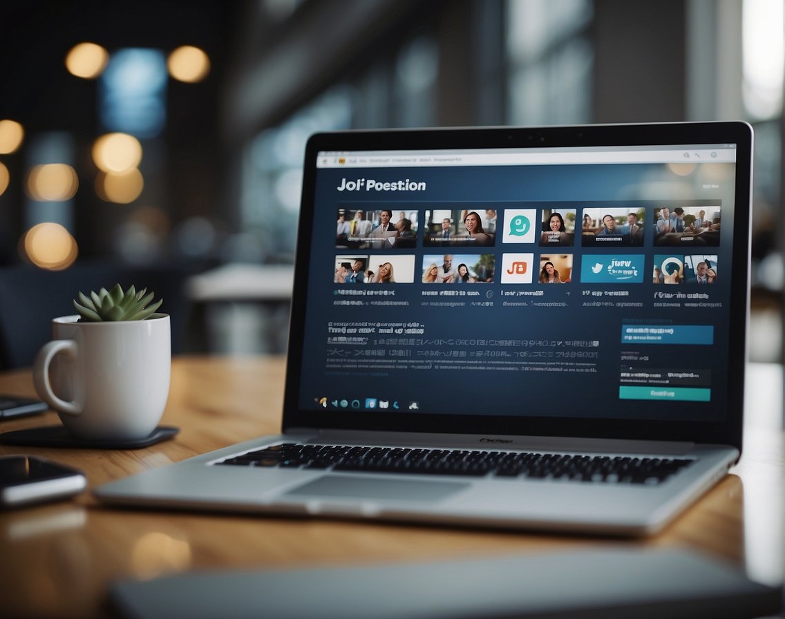 A computer screen displaying a social media platform with job postings for IT positions. The company's logo is prominently featured alongside engaging recruitment messages