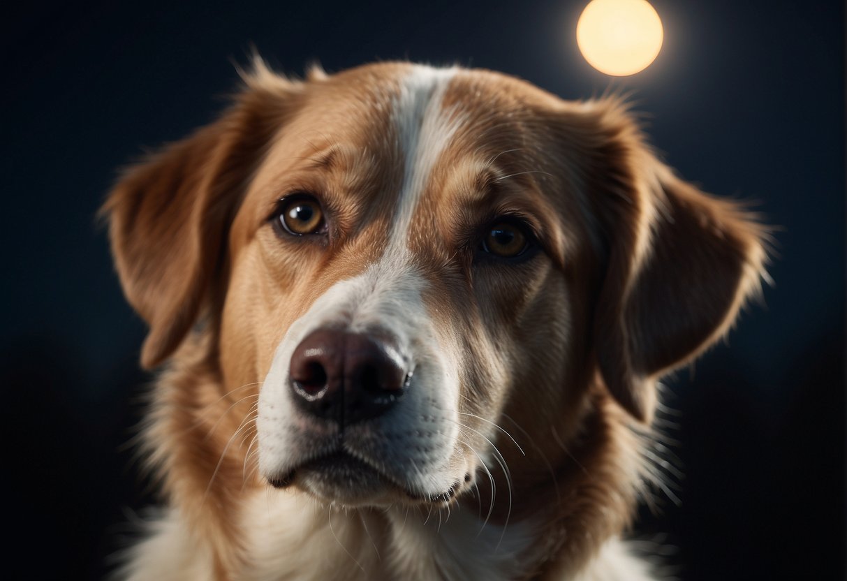 A dog tilting its head, ears perked up, looking at the moon, with a puzzled expression on its face