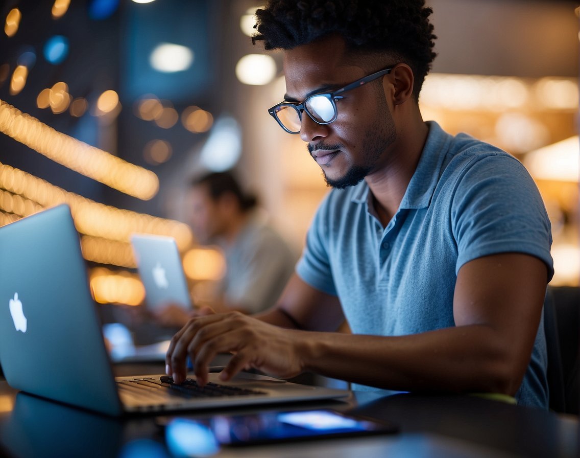 A person scrolling through social media, surrounded by technology and job postings for IT positions