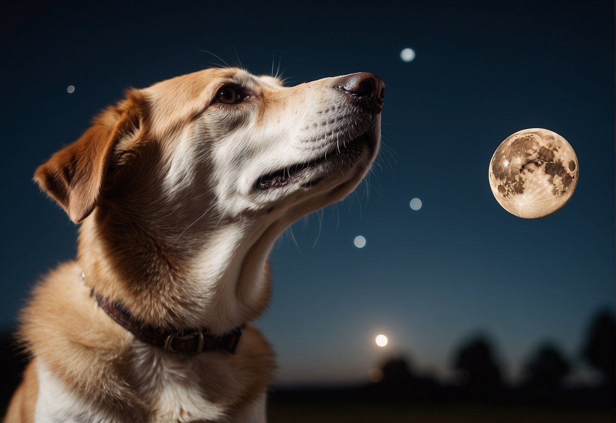 A dog howling at the moon, with a puzzled expression and a question mark above its head