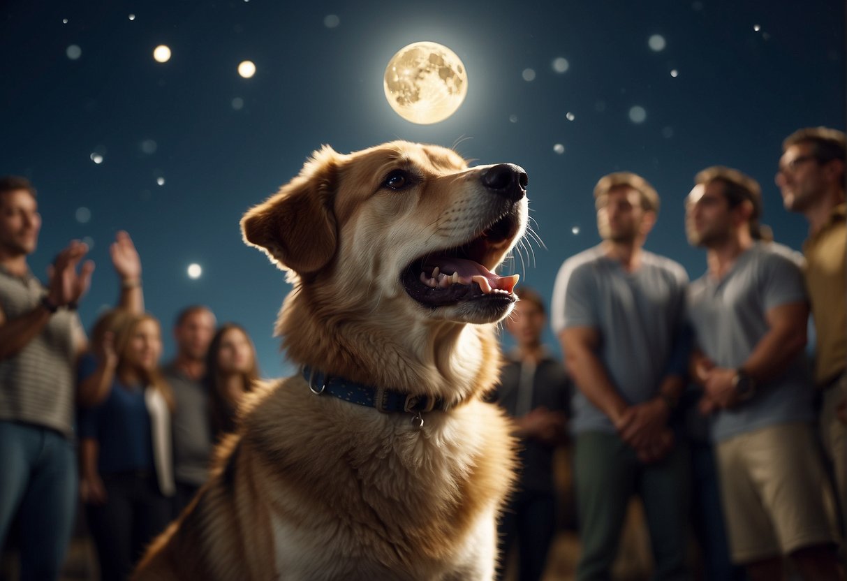 A dog howling at the moon, surrounded by curious onlookers