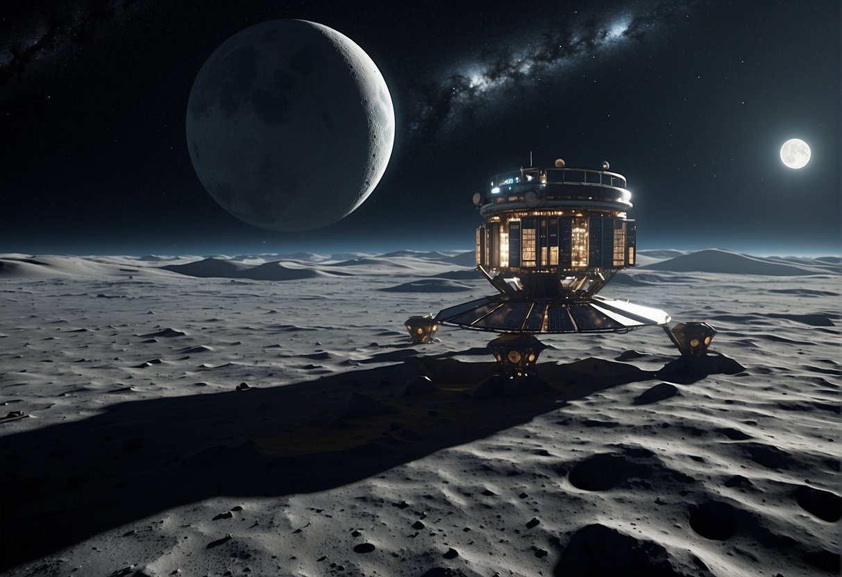 A futuristic lunar gateway stands against the backdrop of space, surrounded by the vast expanse of the moon's surface. Solar panels and communication antennas dot the landscape, symbolizing the potential for deep space exploration and the challenges that lie ahead